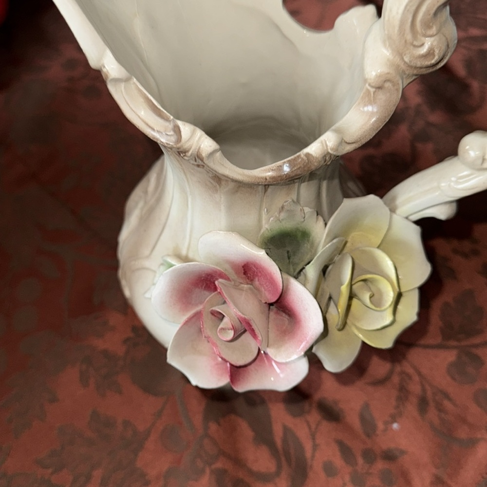 Vintage Capodimonte  Ceramic Pitcher with Pink and Yellow Roses - Picture 7 of 9